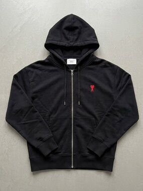 Ami Black Zip Hoodie with Red Heart Emblem